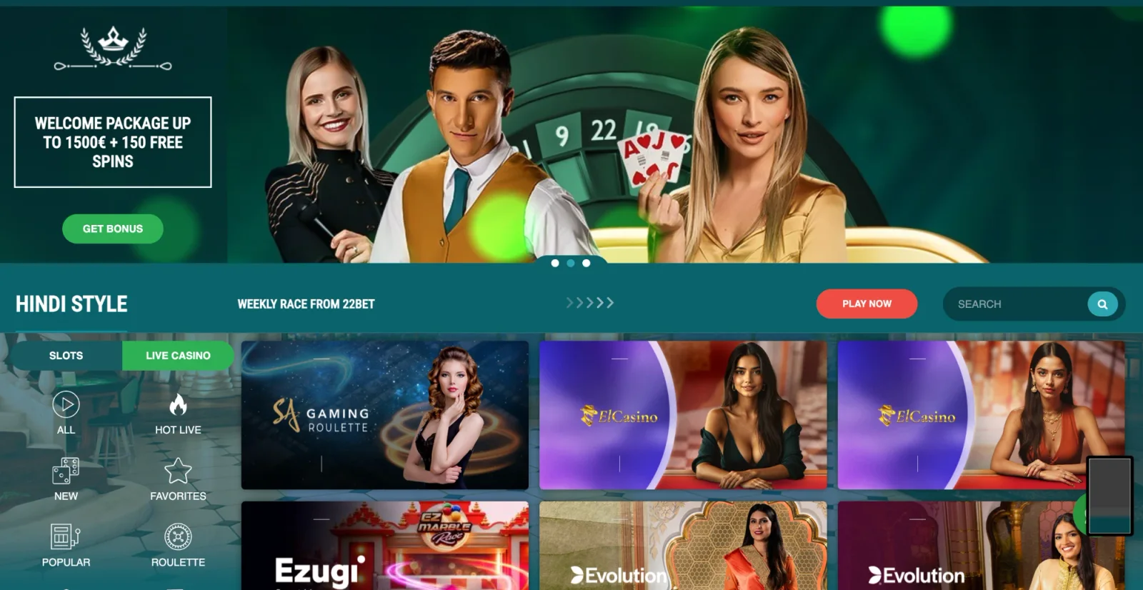 22Bet live casino lobby with welcome package banner and Hindi-style live tables