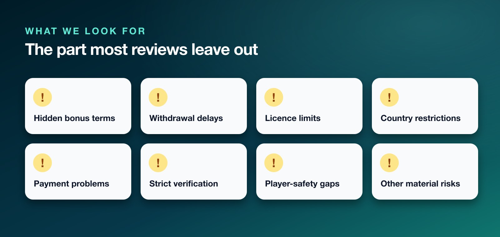 Eight risk checks every review looks for, from hidden bonus terms to responsible-gambling gaps