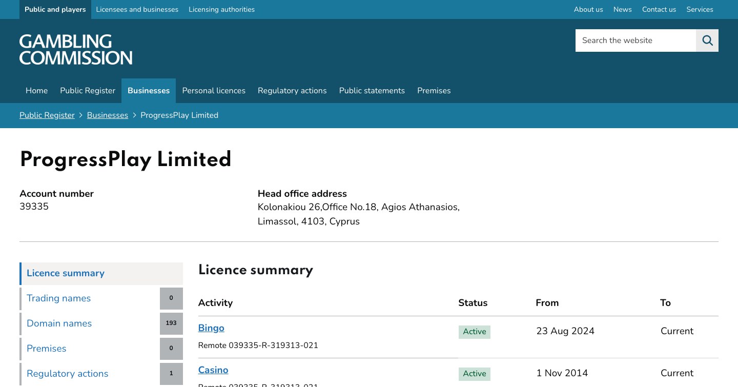 Gambling Commission public register page for ProgressPlay Limited, account 39335, showing licence summary and 193 domain names