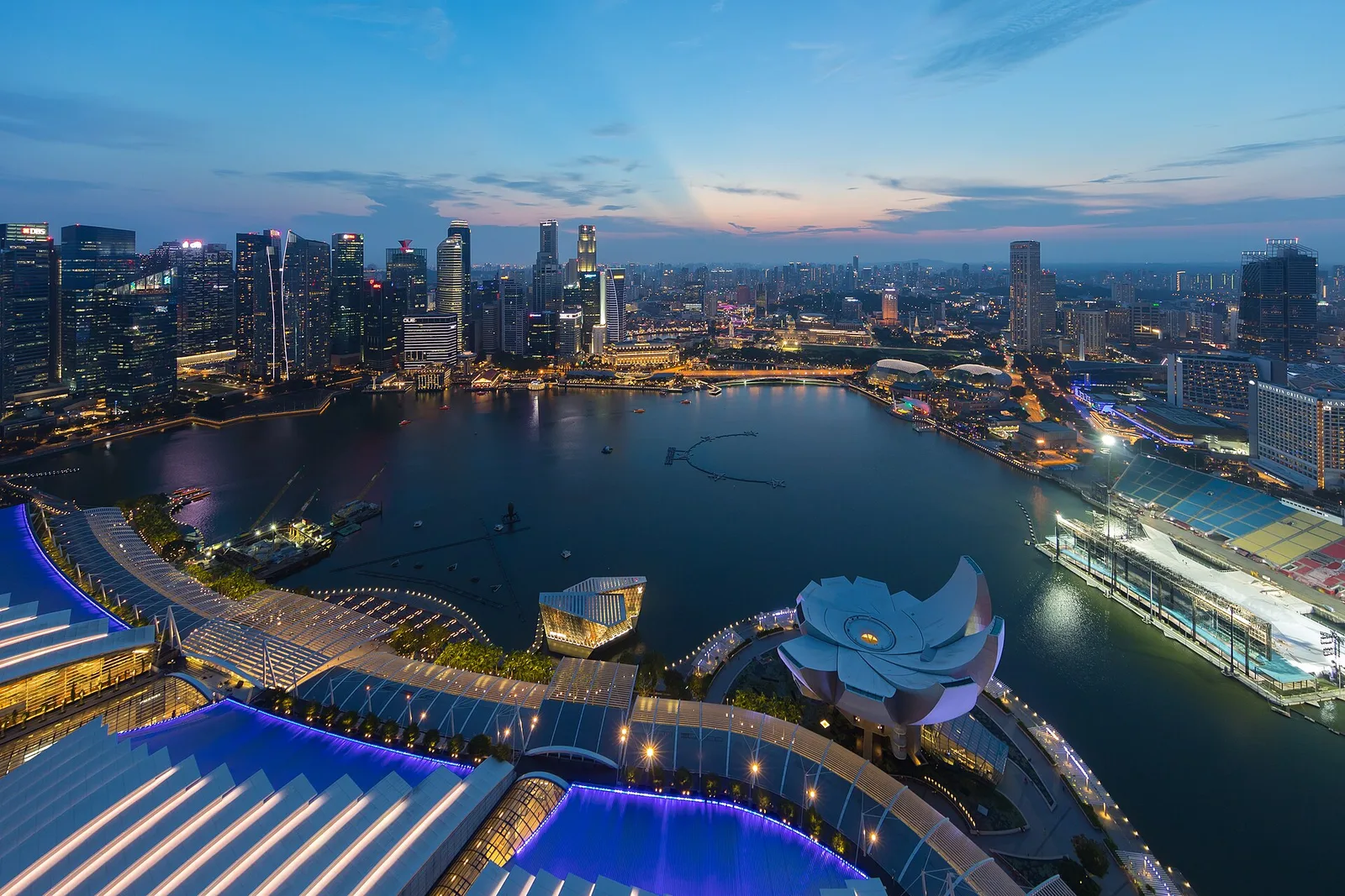 Skyline of the Central Business District in Singapore at dusk